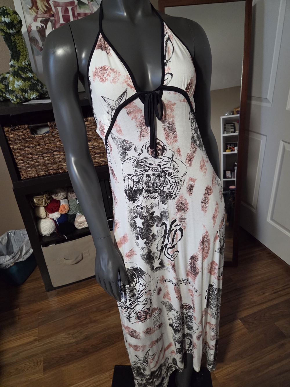 Harley-Davidson White Maxi Dress with Rust and Black Graphic Print